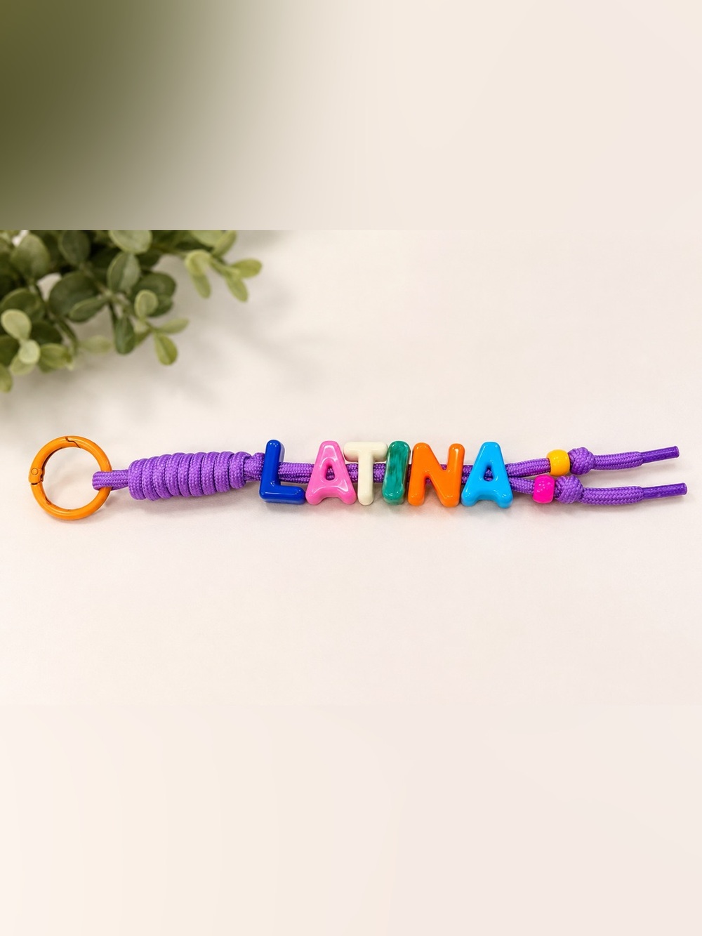 Personalized 'LATINA'  Keychain Multicolor Letters on Purple Cord